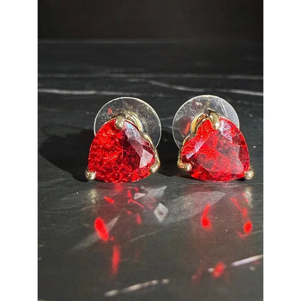 Red Crystal Heart Post Earrings 3/8in Wide Gold Tone Setting